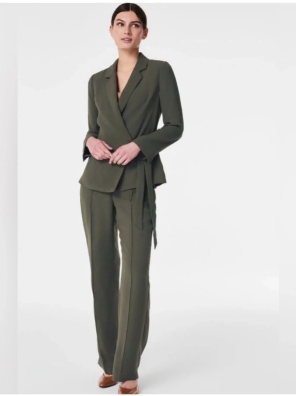 Spanx Crepe Olive Wrap Blazer & Wide-Leg Pants Suit Set - Women